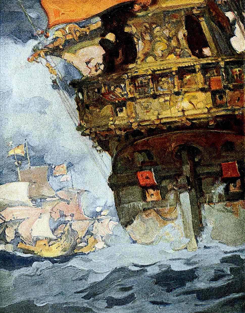 a Frank Brangwyn illustration of old ships at sea, galleons