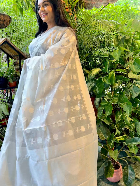 Silk Chanderi saree. White on white.