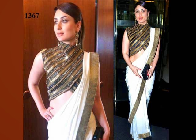 1367 -  Kareena Kapoor In Beautiful White Designer Plain Saree with Gold Border