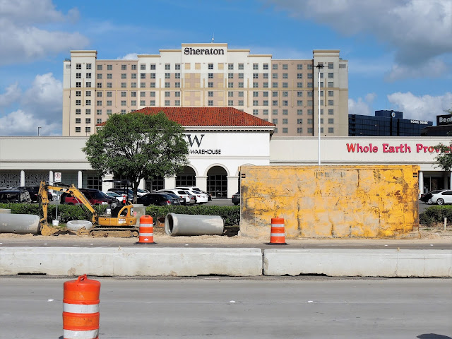 Road construction work on Post Oak (April 2018) DSW - Whole Earth Provision - Sheraton Hotel in background