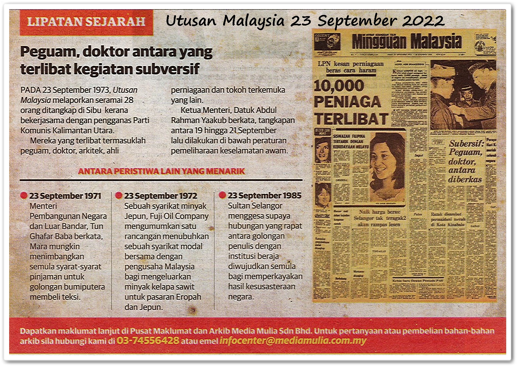 Lipatan sejarah 23 September - Keratan akhbar Utusan Malaysia 23 September 2022