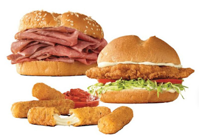 Arby's Classic Roast Beef, Classic Crispy Chicken Sandwich, and Mozzarella Sticks.