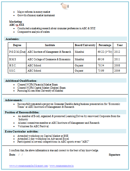 Curriculum Vitae: Curriculum Vitae Samples Mba Freshers