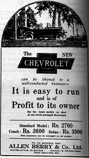 Fancy a Chevrolet for Rs. 2700? Well there's the Coach for Rs. 3600 and Sedan for Rs. 3900. But then it was in the 1920s, else I would've had one for each day of the week.