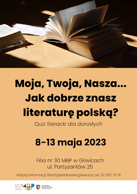 Plakat promujący quiz literacki. U góry zdjęcie otwartej książki, poniżej szczegóły dotyczące wydarzenia.