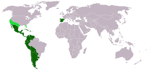 A map showing the Spanish-speaking countries of the world in green, including Spain and much of Central and South America.