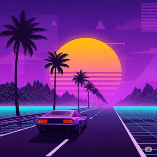 Paisagem retrô futurista estilo synthwave, com céu roxo, sol laranja, palmeiras, carro esportivo dos anos 80, estilo arte digital com estética vaporwave