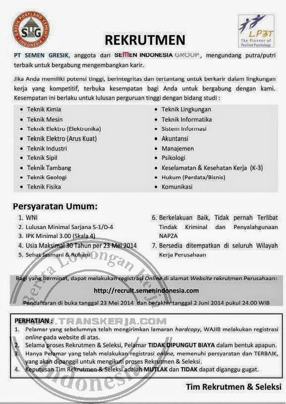 Lowongan Kerja Teknik Recruitment PT Semen Gresik - Transkerja.com