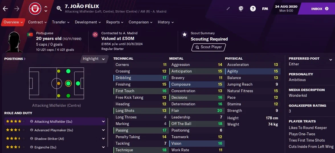 Joao Felix: Starting Attributes in FM2021