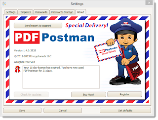 PDF Postman Add-in for Outlook. This image shows the About page in PDF Postman's settings.