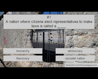 A nation where citizens elect representatives to make laws is called a ____. Answer choices include: monarchy, democracy, theocracy, socialist nation