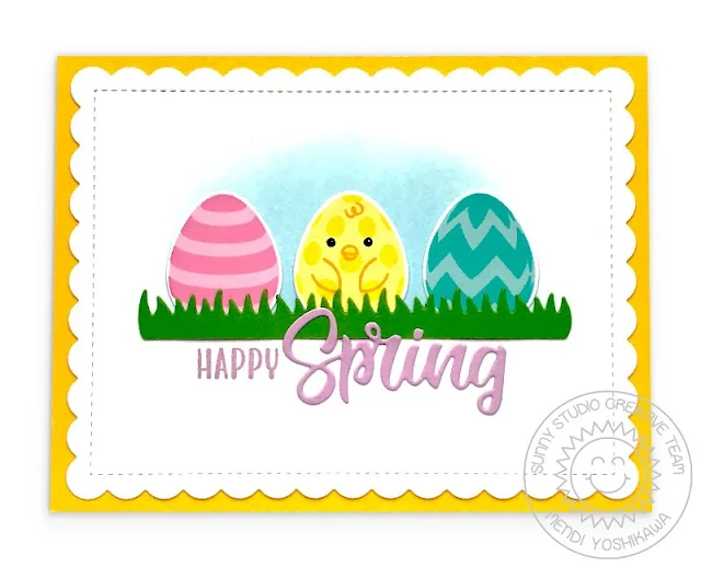 Sunny Studio Chick Easter Egg Card (using Eggs To Dye For, Cheerful Daisy Stamps, Sunny Sentiments Dies, Slimline Pennants Dies, Frilly Frames Hexagon Dies)