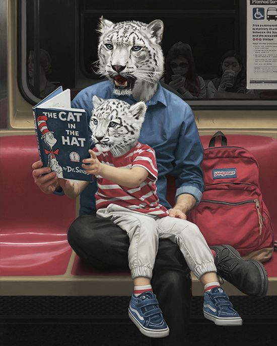 Matthew Grabelsky arte pinturas óleo surreais animais antropomórficos metrô nova york foto realismo