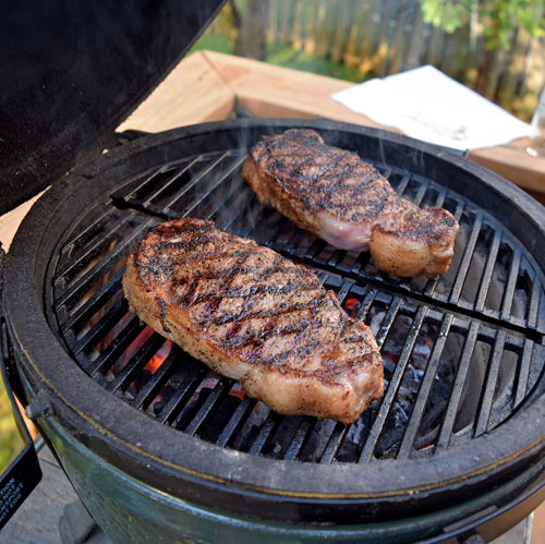 Strip Steaks with Boursin Black Pepper Butter on Craycort Grates on a Big Green Egg mini-max