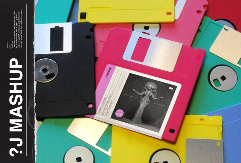 A pile of colourful floppy discs. With one pink disc with a label on it, which features the cover art of the Beyoncé x Honey Dijon mashup. The cover art of which features a shot of Beyoncé wearing a silver outfit from the Balmain Renaissance couture collection.