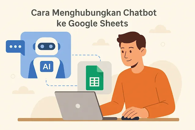 Ilustrasi digital bergaya flat menampilkan seorang guru muda dan chatbot AI yang sedang berinteraksi di depan layar komputer dengan antarmuka Google Sheets. Gambar ini menggambarkan integrasi teknologi cerdas dalam pendidikan modern, khususnya dalam mengelola data secara otomatis melalui chatbot yang terhubung ke spreadsheet. Warna lembut dan desain ringan membuatnya ideal sebagai gambar sampul untuk artikel edukatif seputar AI di dunia pendidikan. Format ringan dan efisien untuk website.