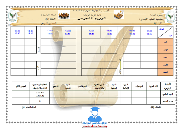 نموذج توزيع الأسبوعي فـارغ لجميع سنوات التعليم الابتدائي الجيل الثاني Word