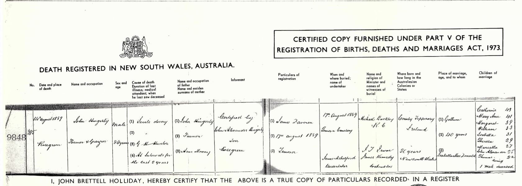 John Hingerty Death Record 1889