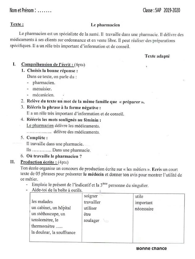 sujet français 1 trimestre 5AP 2019