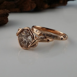 Yellow Gold, White Gold, Rose Gold, Diamond Slice Wedding Set, Leaf Engagement Ring, Scattered Diamond Wedding band, Leaf and twig Bridal Set