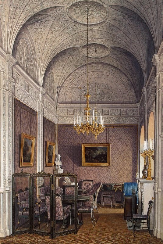 Interiors of the Winter Palace. The Boudoir of Empress Alexandra Fyodorovna by Edward Petrovich Hau - Architecture, Interiors Drawings from Hermitage Museum