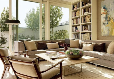 Living Room Design With Garden view and brown neutral Colors