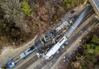Aerial view of the Odisha train collision site showing the mangled wreckage of the trains