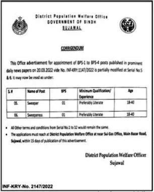 District Population Welfare Office Labor Posts Sujawal 2022 Latest