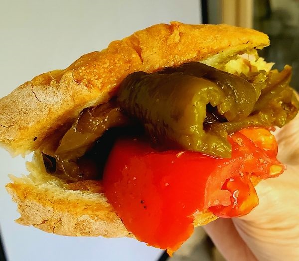 peppers in Italian bread sandwich