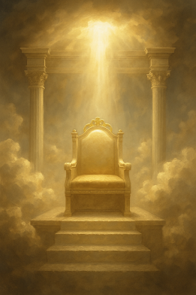 Glowing judgment seat surrounded by clouds and golden light, symbolizing the mercy seat and divine judgment in a heavenly setting.