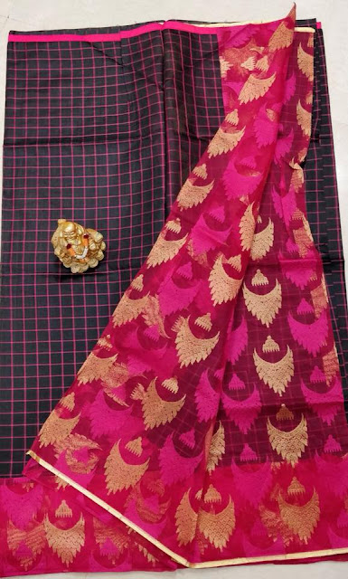   Latest Soft Chanderi  Checks Sarees With Jute Boder  