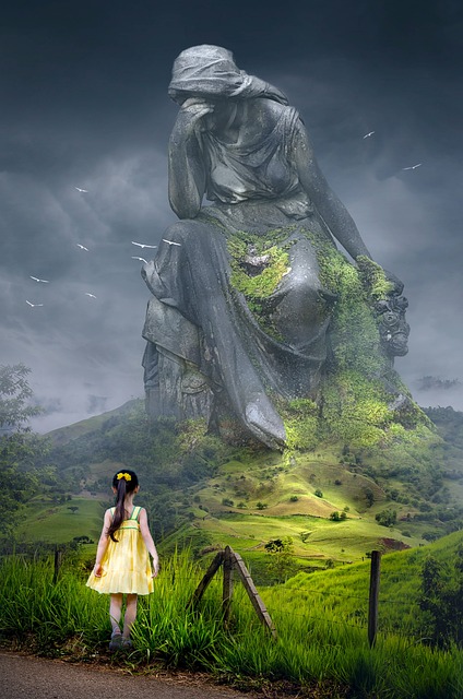 A very beautiful scene of a girl in yellow frock near the mountain statue- sad girl dp
