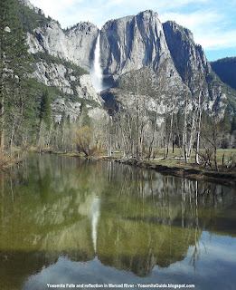 Yosemite Falls and reflection in Merced River.  Picture taken from the "Swinging Bridge"