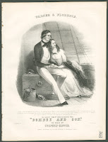 An illustration of a young man and woman seated and leaning into each other on the desk of a ship. They are identified by the caption as Walter and Florence, subjects of a Charles Dickens story.