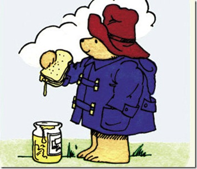 Paddington bear eats marmalade sandwich
