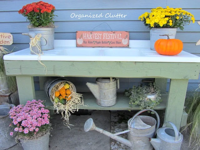 Fall Potting Bench with Mums, Ivies, Ponytail Grass, and Galvanized Cans and Buckets