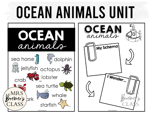 Ocean Animals theme study unit featuring 10 sea creatures with information charts, posters, and project worksheets templates for First Grade Second Grade Third Grade