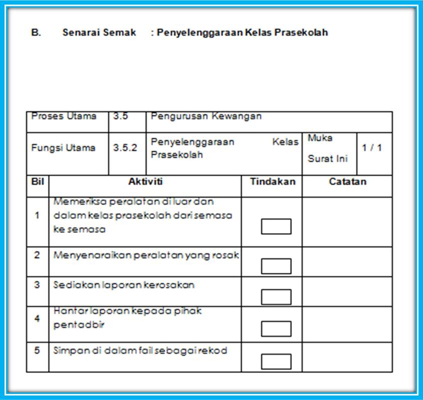 Senarai Semak: Penyelenggaraan Kelas Prasekolah ~ Fail 