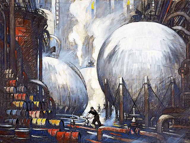 a Thornton Oakley illustration of a factory in color, a man turning a valve and huge spheres