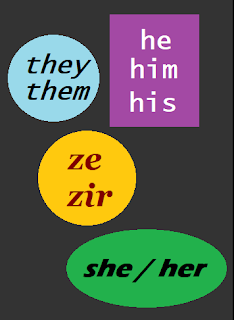 Image of four pronoun buttons on a dark grey background: Buttons say "they them", "he him his", "ze zir", "she / her" in various colours