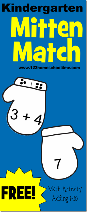 Kindergarten Math Game - Mitten Match is a FREE printable, simple math activity for kids to practice addition using mittens.  Lots of options to this activity.