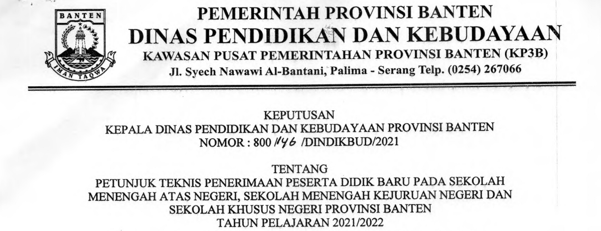 Petunjuk Teknis atau Juknis PPDB SMAN SMKN Provinsi Banten Tahun Pelajaran 2021/2022