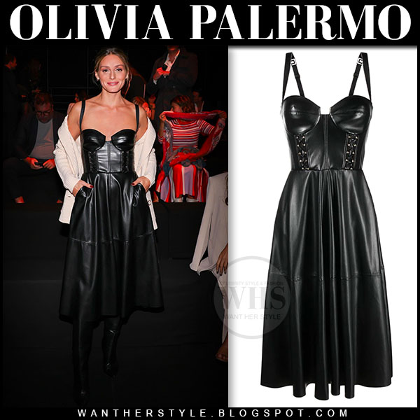 Olivia Palermo in black leather corset dress