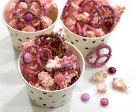 valentine's valentines valentine day snack treat dessert idea school popcorn pretzels m&ms chocolate pink mix