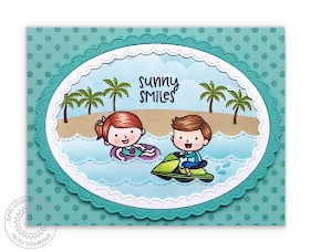 Sunny Studio Stamps: Beach Babies Summer Smiles Jet Ski Card by Mendi Yoshikawa (featuring Fancy Frames Oval Dies & Background Basics Stamps)