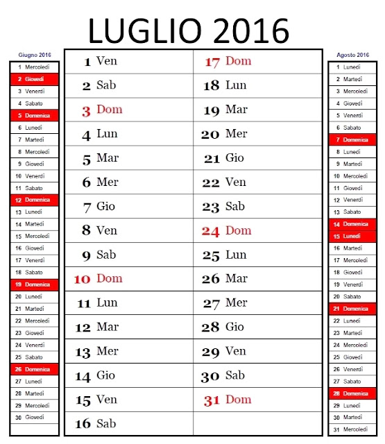 Calendario mensile 2016 - luglio