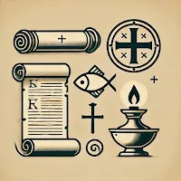 Imagen académica de un pergamino y símbolos cristianos antiguos como la cruz, el Ichthys y una lámpara de aceite, representando las raíces de la iglesia primitiva.