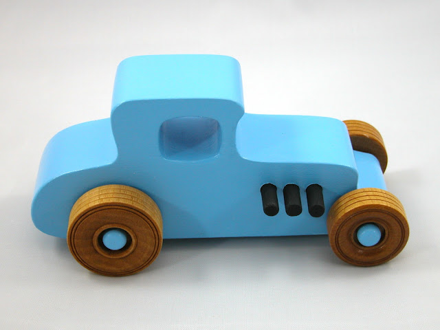 Wood Toy Car Hot Rod '27 T-Coupe, Handmade and Finished with Baby Blue and Black Acrylic Paint and Amber Shellac, Race Car, Street Rod