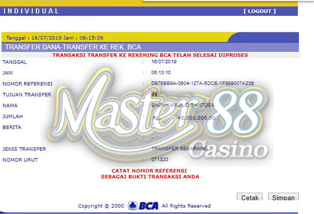   Bukti Transfer MasterCasino88 Rp 40.000.000