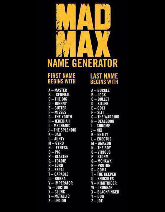 Mad Max Movies Mad Max Name Generator 